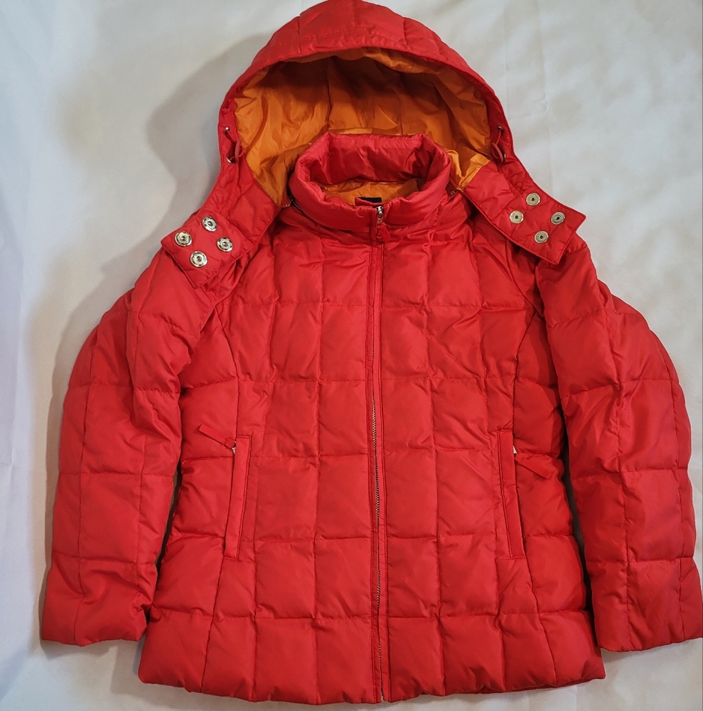 GAP Womens Down Jacket Size XS Red Orange Puffer Coat Removable Hood Vintage Y2K